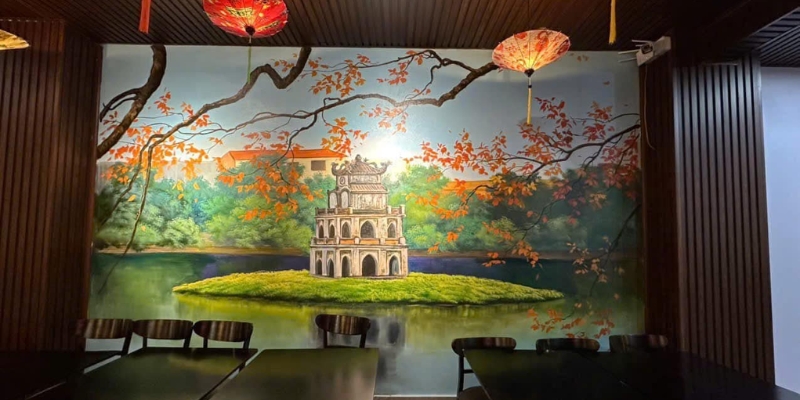 Chủ đề phong cảnh là lựa chọn phù hợp khi vẽ tranh tường cho quán cà phê 