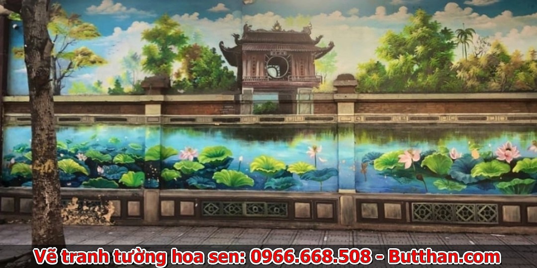 Mẫu tranh tường hoa sen kết hợp với địa danh lịch sử