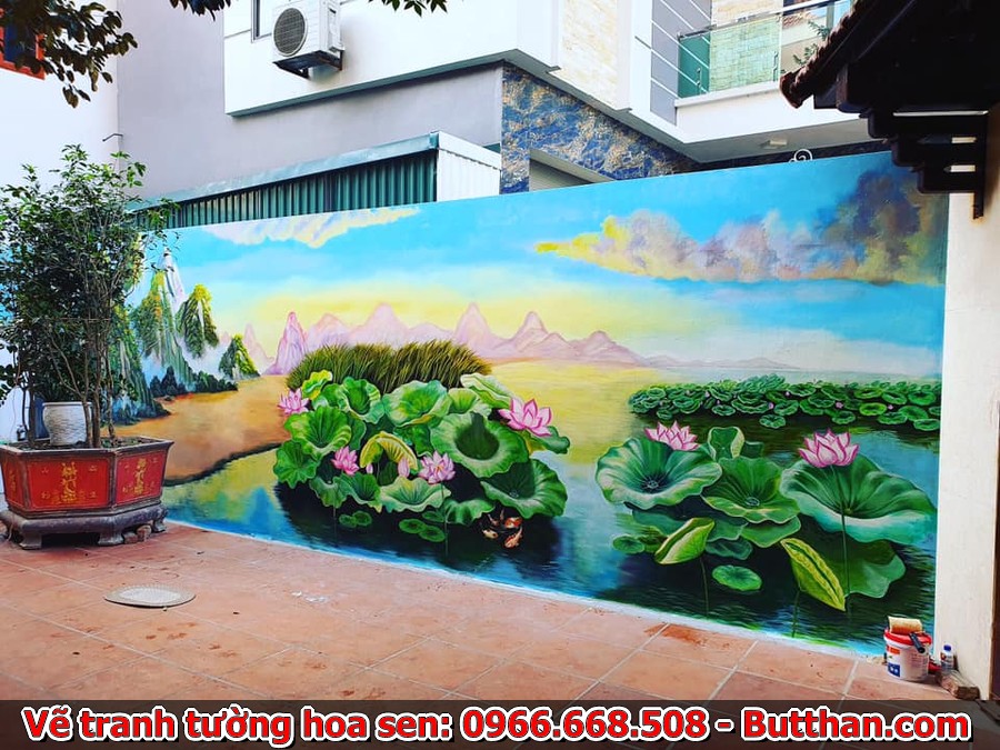 Bức tranh này tái hiện cảnh đầm sen yên bình với lá xanh, hoa hồng và ánh nước lung linh, mang lại cảm giác thư giãn.
