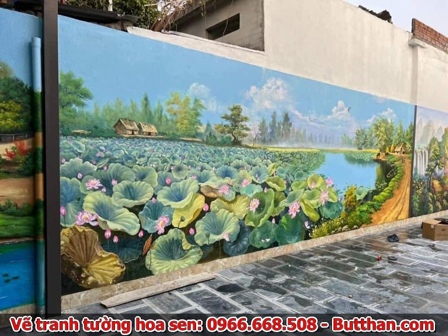 Hình ảnh hoa sen nở rộ trong hồ nước là một trong những mẫu tranh tường hoa sen đẹp được yêu thích nhất.